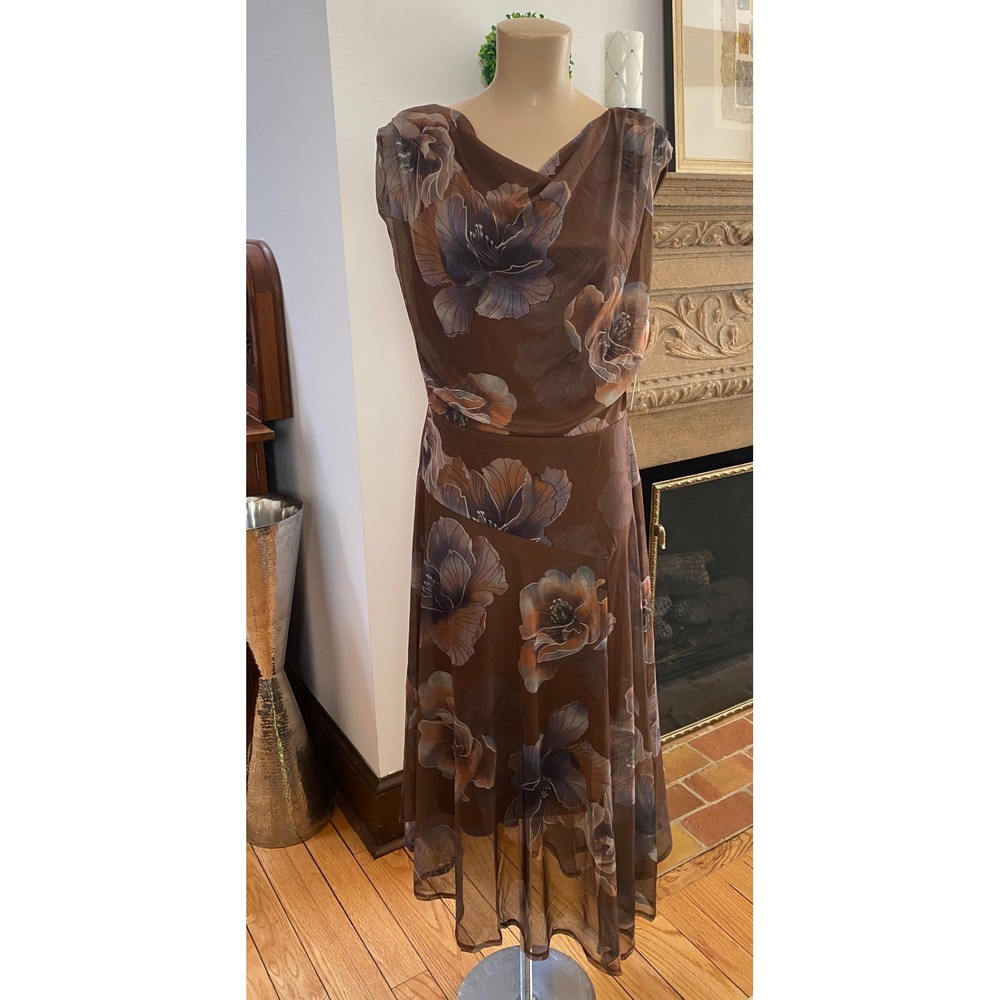 Harlow & Rose Brown Floral Mesh Cowl Neck Asymmetrical Midi Dress Large NWT
